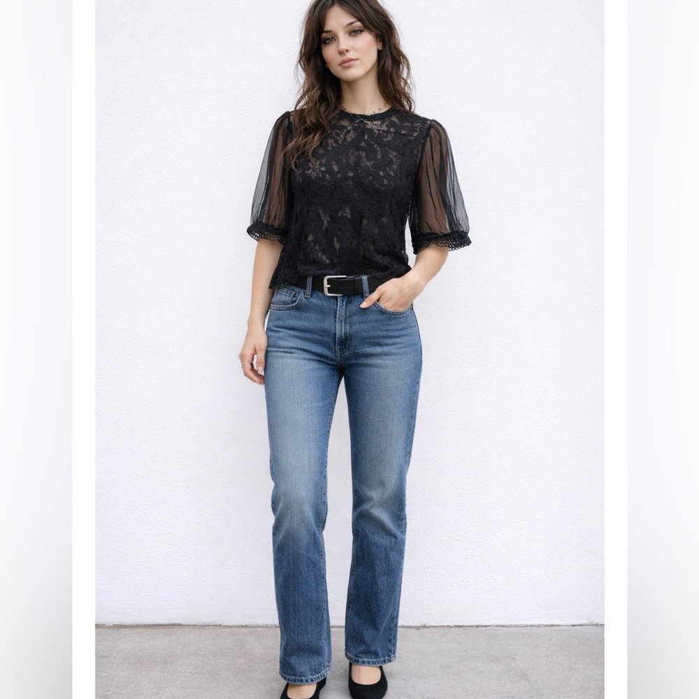 Peach Brand Shirt Crop Sheer Puff Sleeve Tulle Dainty Lace Mock Neck Black Large